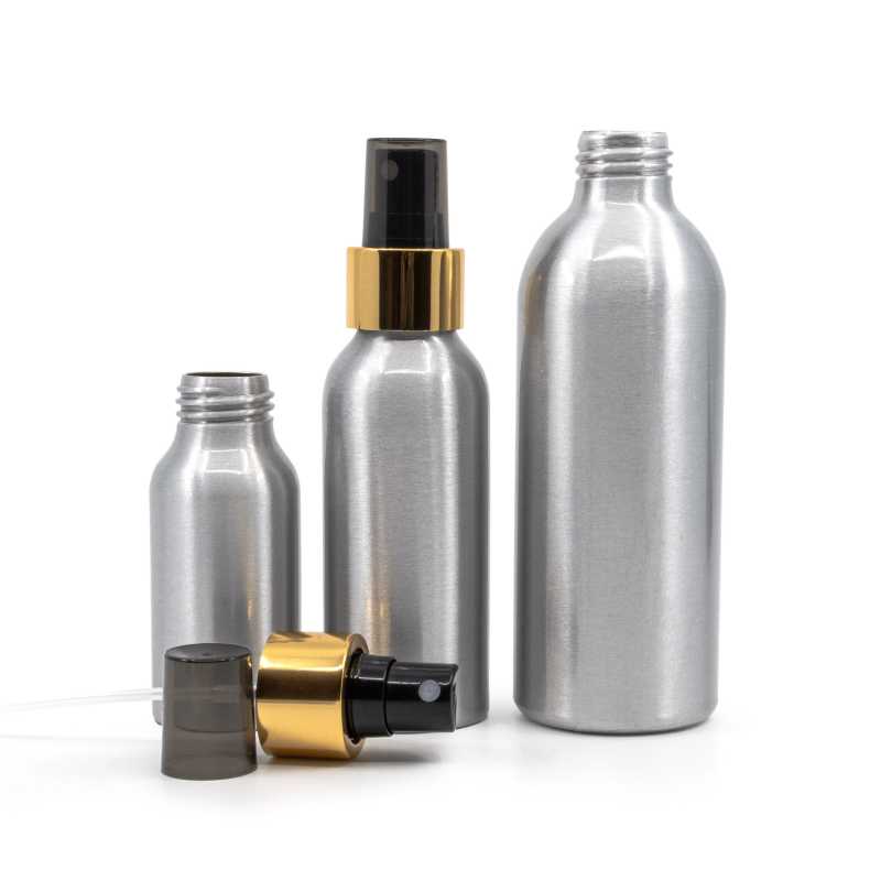 Aluminium Bottle, Black Spray With Glossy Gold Collar, 225 ml