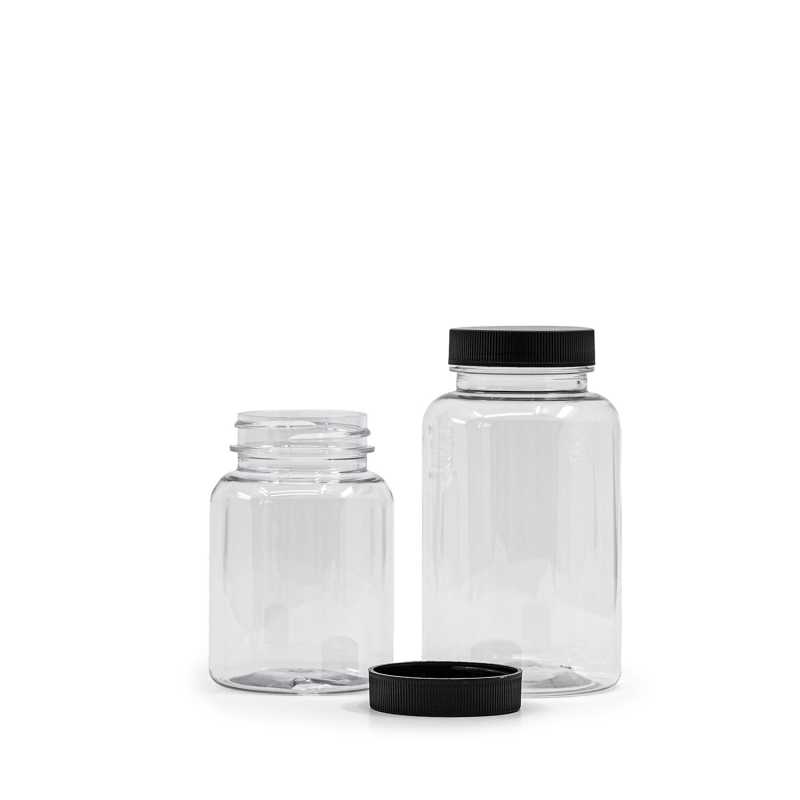 Clear Plastic Pill Jar, Black Lid, Induction Innerseal, 250 ml