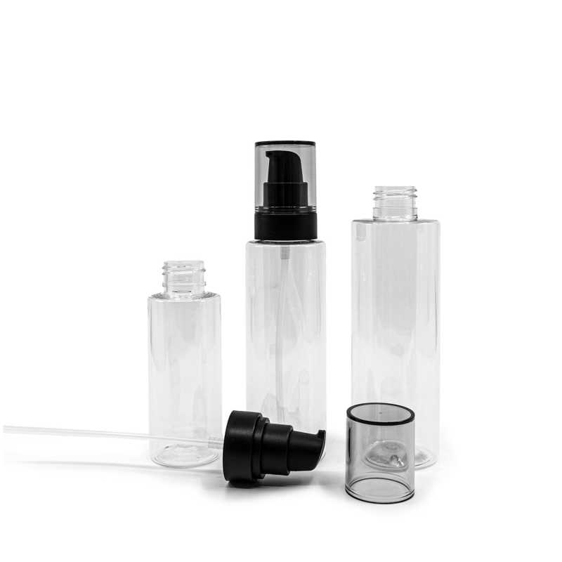 Clear Plastic Bottle, Black Pump With Smokey Overcap, 100 ml