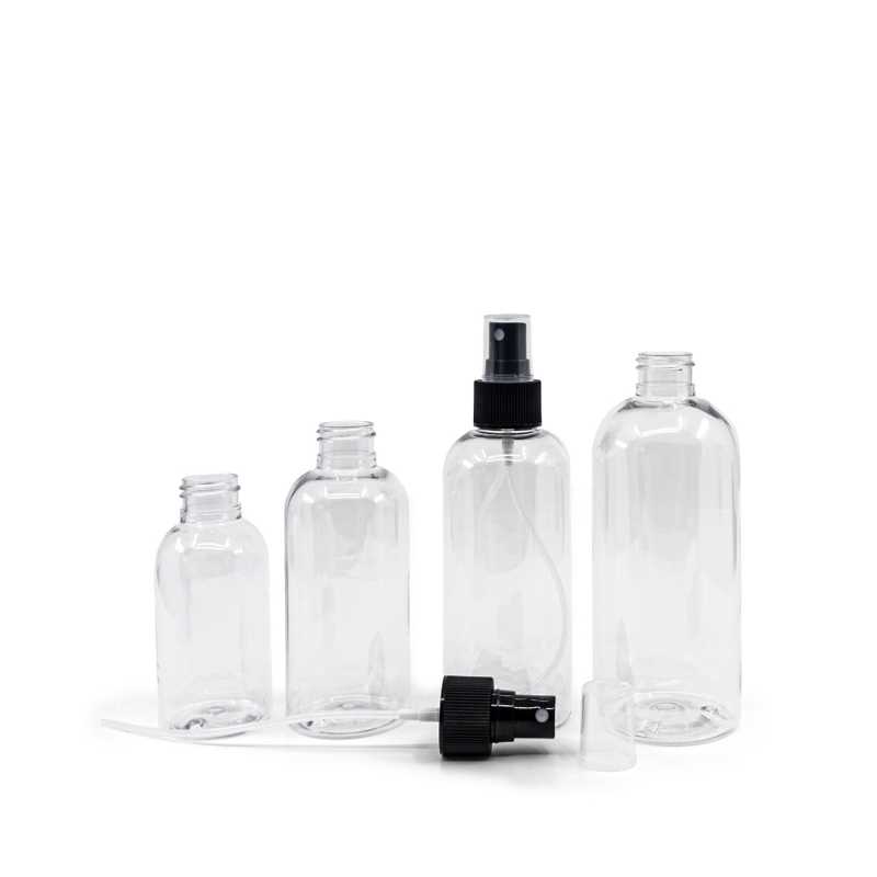 Rounded Clear Plastic Bottle, Black Fine Mist Spray, 100 ml