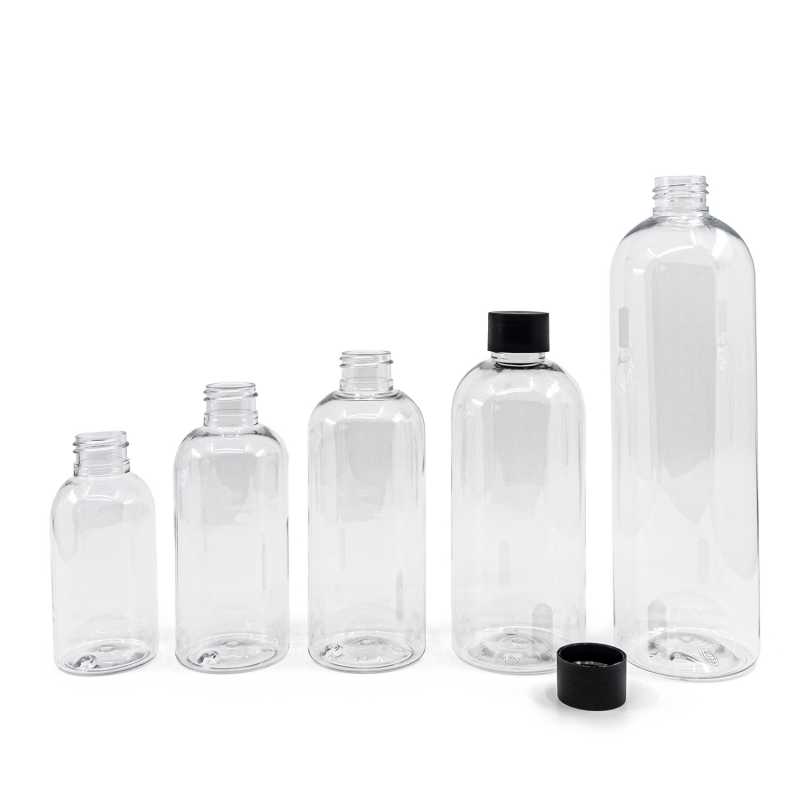 Rounded Clear Plastic Bottle, Black Cap, 200 ml