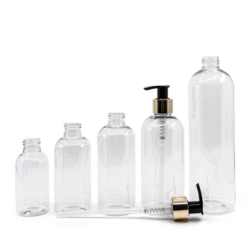 Rounded Clear Plastic Bottle, Golden Pump, 150 ml