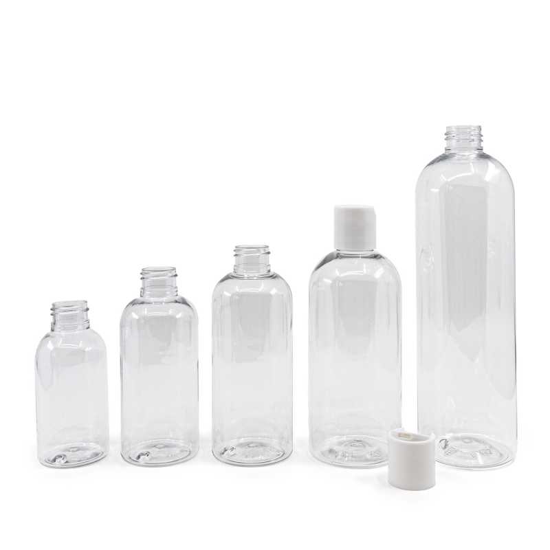 Rounded Clear Plastic Bottle, White Disc Top Cap, 100 ml