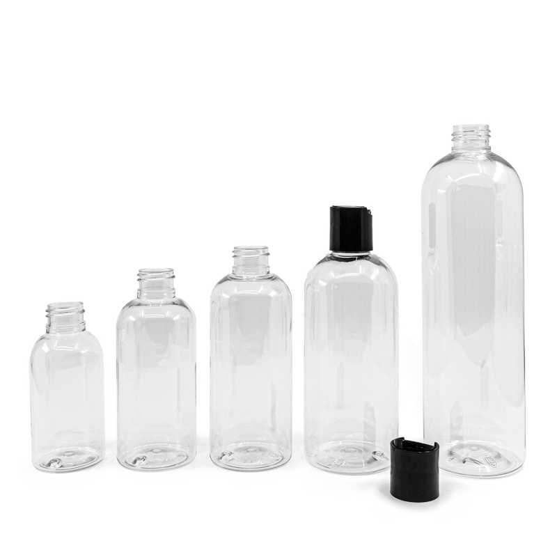 Rounded Clear Plastic Bottle, Black Disc Top, 200 ml