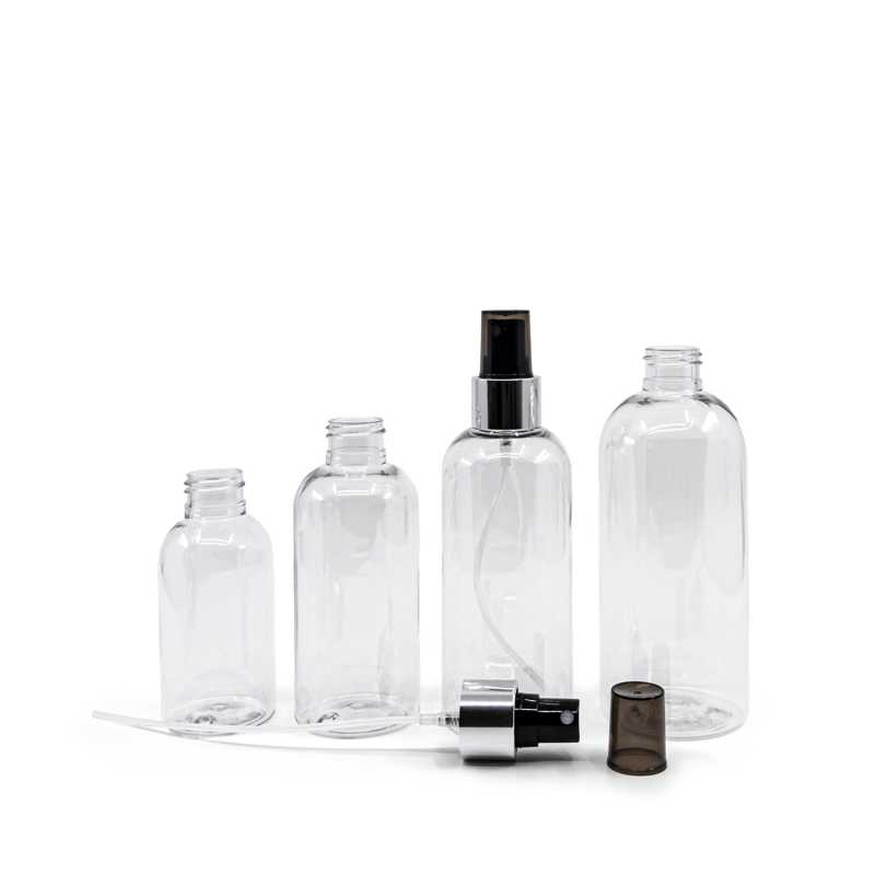 Rounded Clear Plastic Bottle, Black Spray with Glossy Silver Collar, 200 ml