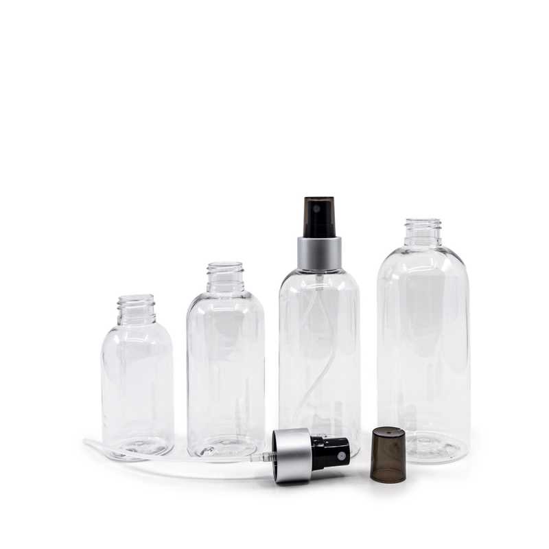 Rounded Clear Plastic Bottle, Black Spray with Matte Silver Collar, 150 ml