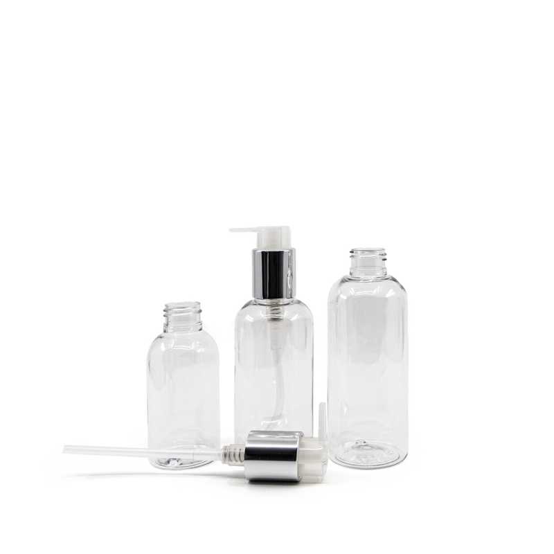 Rounded Clear Plastic Bottle, Silver Pump, 100 ml