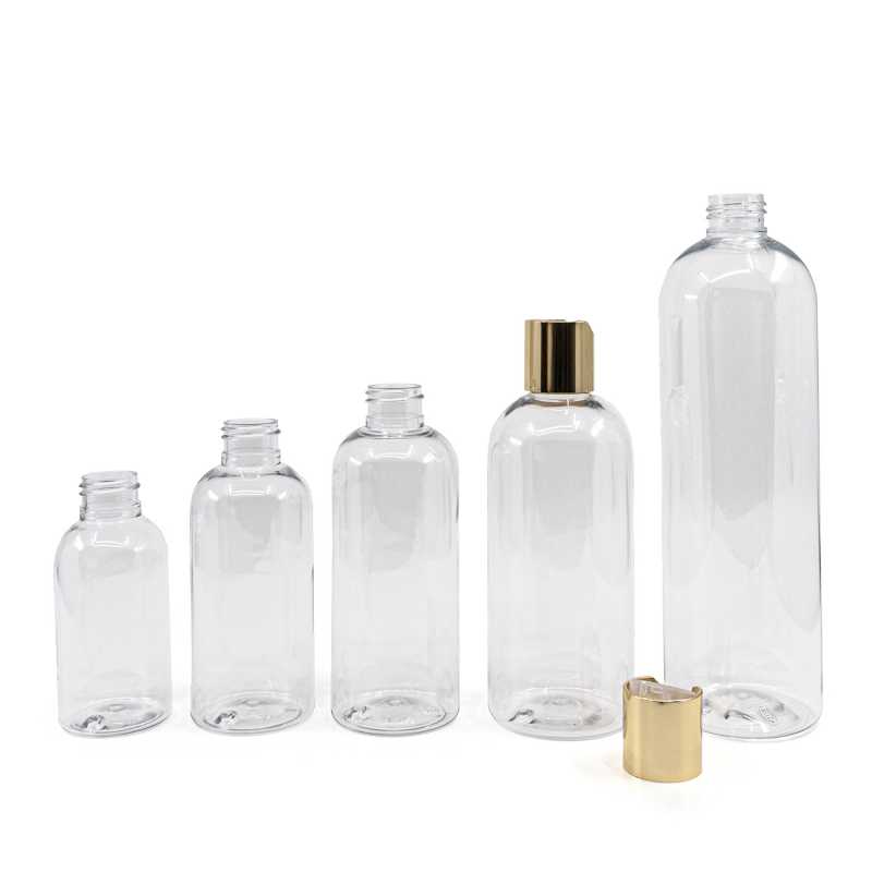 Rounded Clear Plastic Bottle, Golden Disc Top, 100 ml