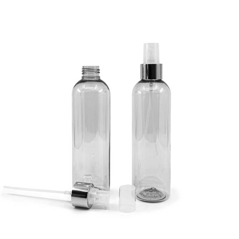 Recycled Plastic Bottle, Transparent Spray with Glossy Silver Collar, 250 ml