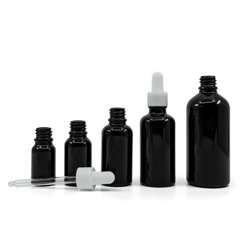 Gloss Black Glass Bottle, White Matte Smooth Dropper, 30 ml