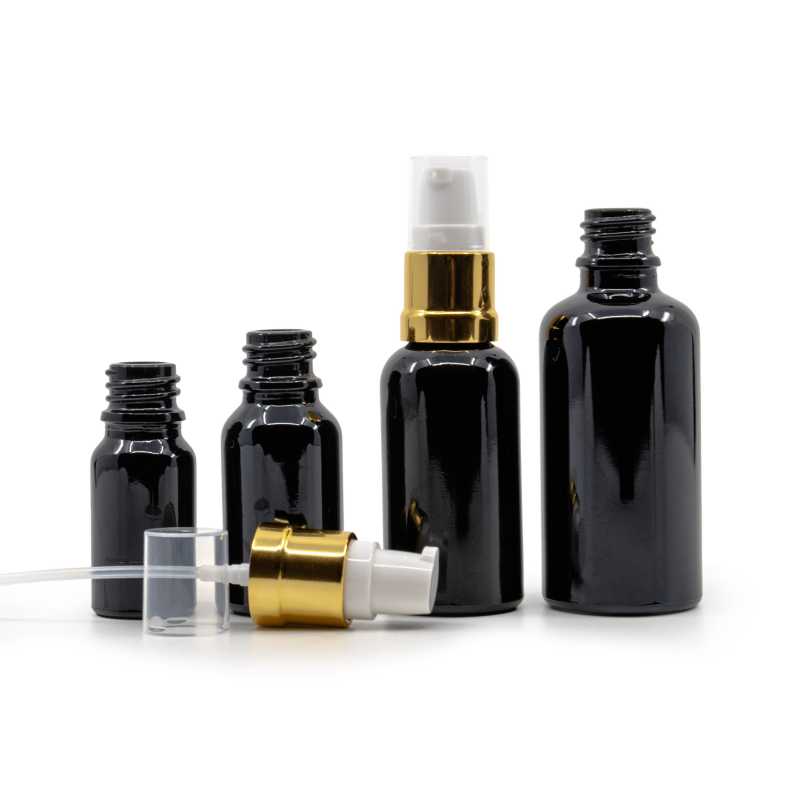  Gloss Black Glass Bottle, Glossy Golden White Pump, 50 ml