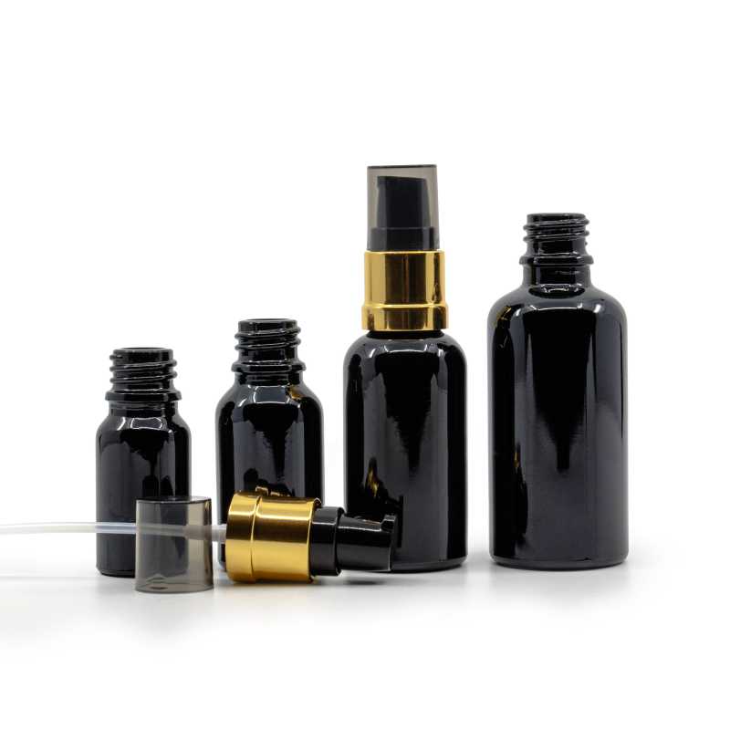  Gloss Black Glass Bottle, Glossy Golden Black Pump, 100 ml