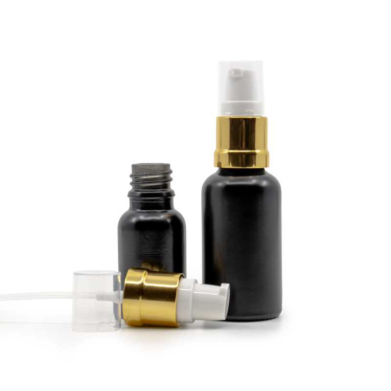 Matt Black Glass Bottle, Glossy Gold White Pump, 30 ml