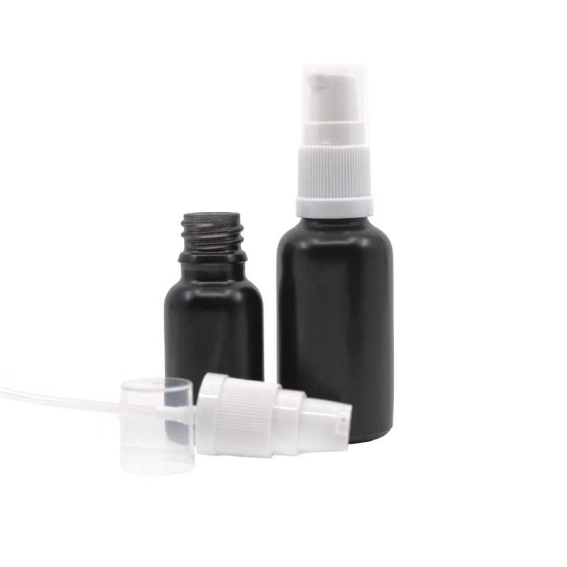 Matt Black Glass Bottle, White Lotion Pump, 15 ml