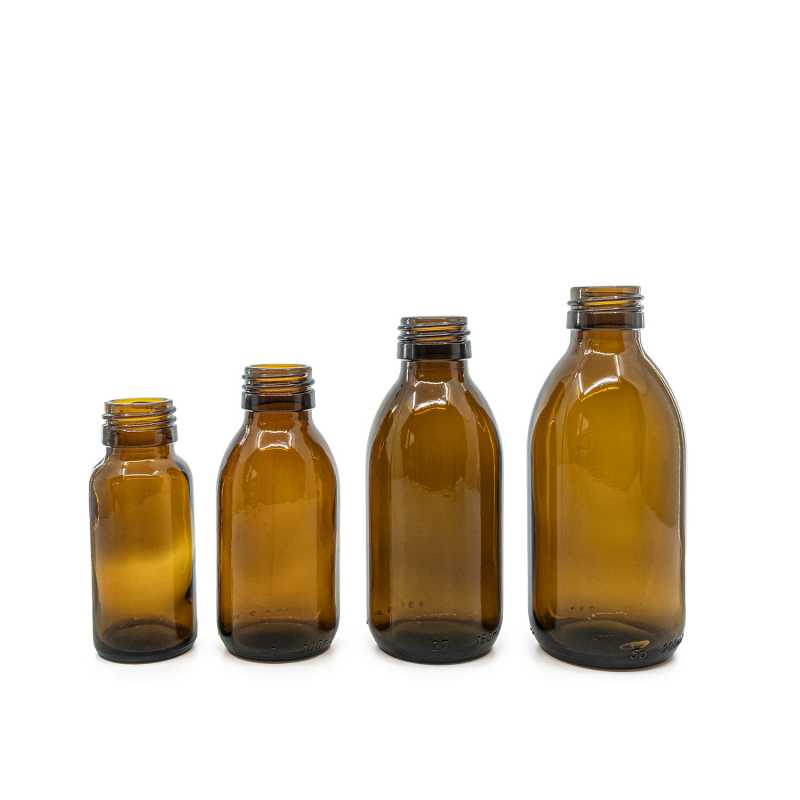 Amber Round Sirup Glass Bottle, PP28, 200 ml, 67 pcs