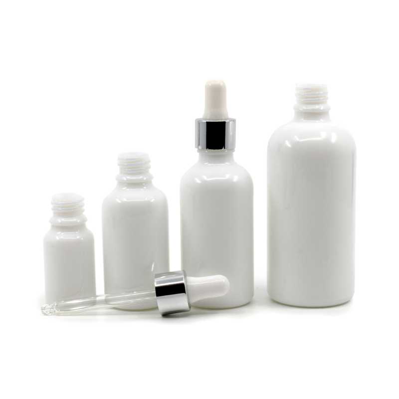 White Glass Bottle, Shiny Silver Dropper, 100 ml