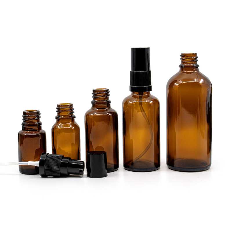 Amber Glass Bottle, Black Lotion Pump with Black Overcap, 30 ml