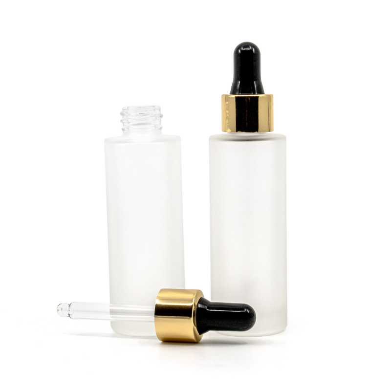 Frosted Glass Bottlee, Slim, Gloss Black Gold Dropper, 30 ml