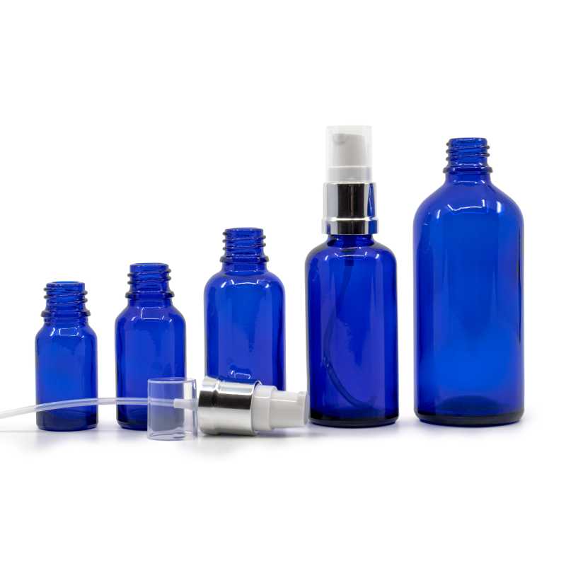 Blue Glass Bottle, Glossy Silver White Pump, 10 ml