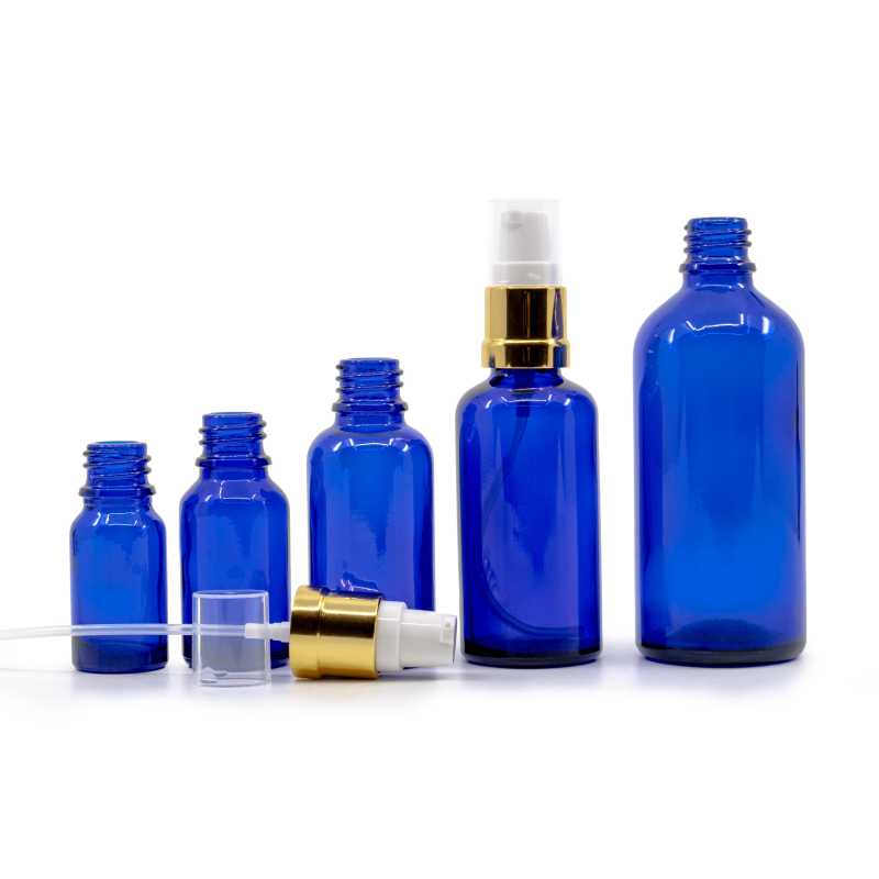 Blue Glass Bottle, Glossy Golden White Pump, 10 ml