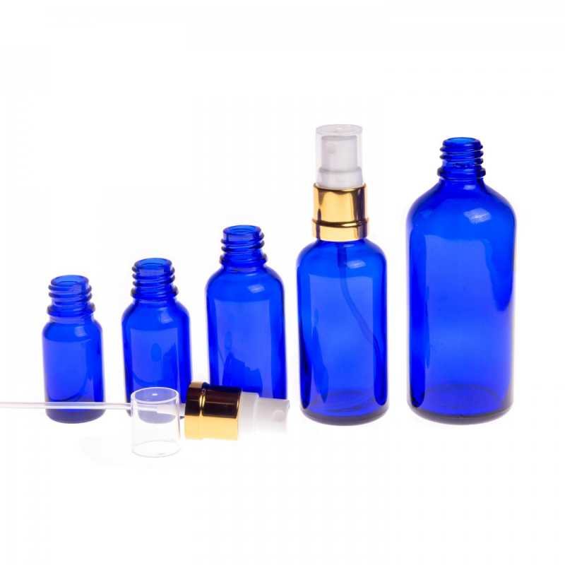 Blue Glass Bottle, Glossy Gold White Spray, 10 ml