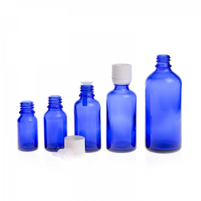 Blue Glass Bottle, White Tamper Evident Safety Cap & Dropper, 10 ml