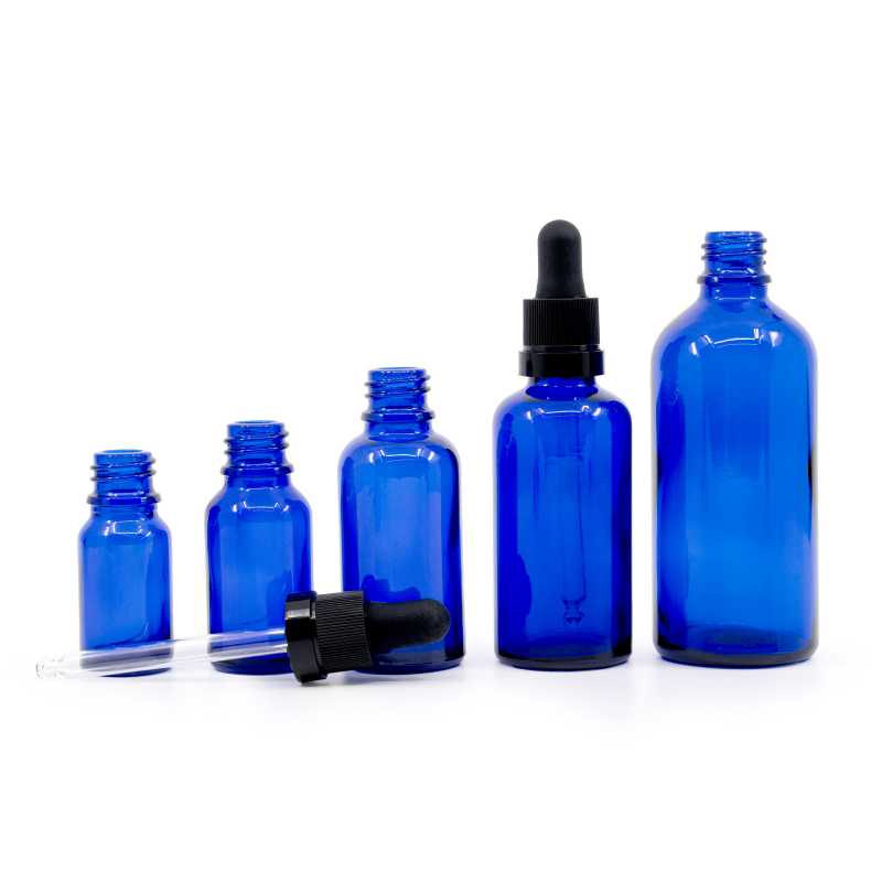 Blue Glass Bottle, Matte Black Dropper With Shiny Strip, 50 ml