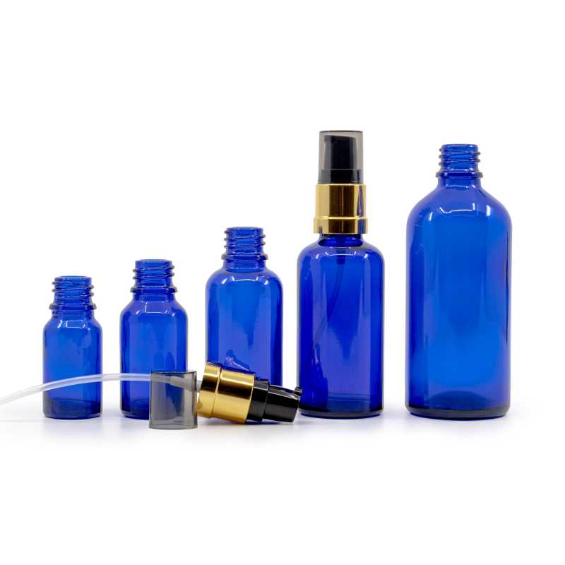 Blue Glass Bottle, Glossy Golden Black Pump, 10 ml