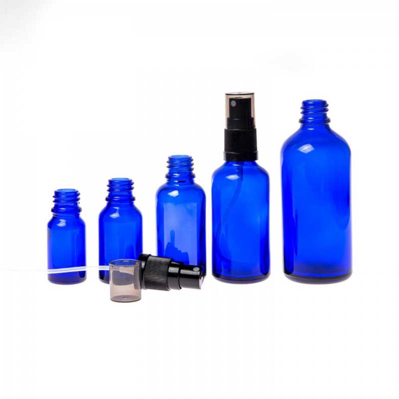 Blue Glass Bottle, Black Fine Mist Sprayer, Smoky Overcap, 50 ml