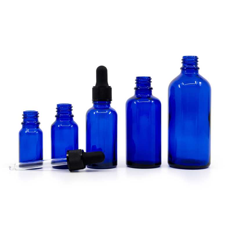 Blue Glass Bottle, Matte Black Dropper, 10 ml