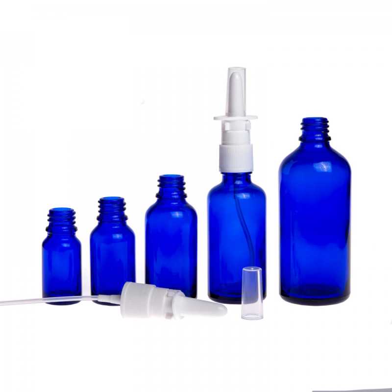 Blue Glass Bottle, White Nasal Spray, 10 ml