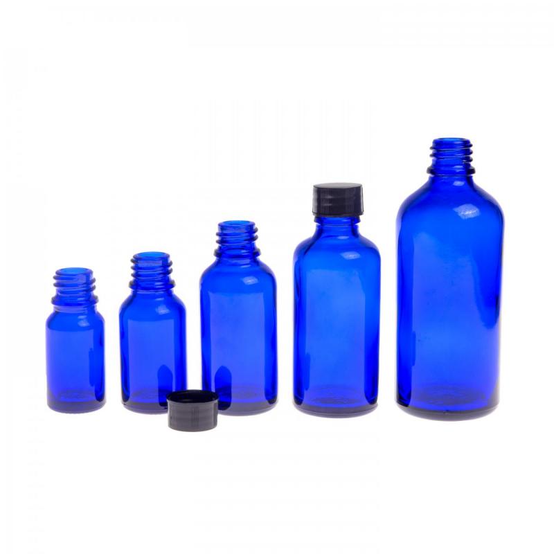 Blue Glass Bottle, Black Cap, 15 ml