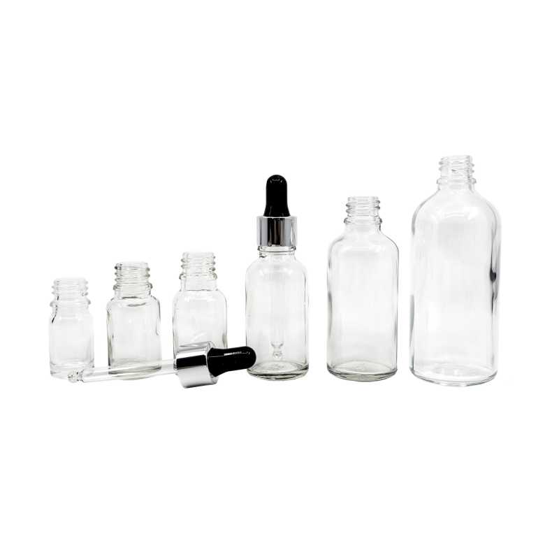 Clear Glass Bottle, Silver Black Dropper, 10 ml