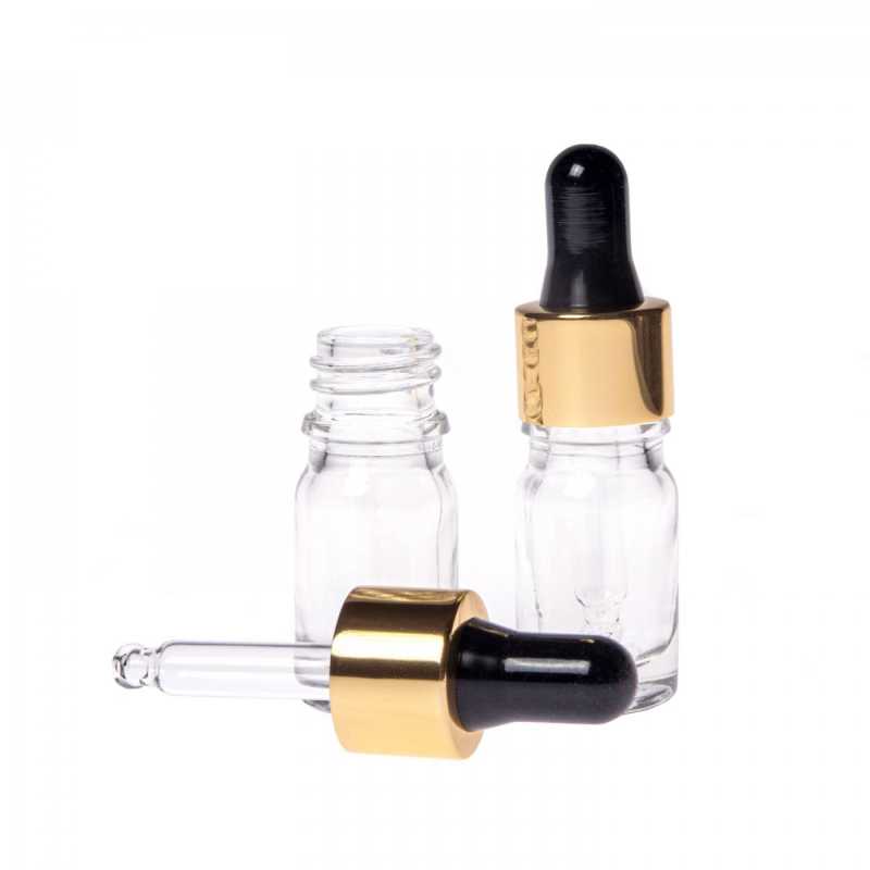 Clear Glass Bottle, Gold Black Dropper, 5 ml