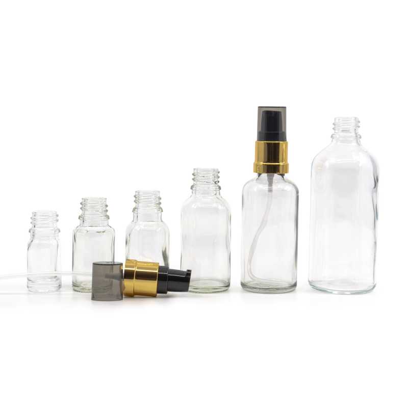 Clear Glass Bottle, Glossy Golden Black Pump, 10 ml