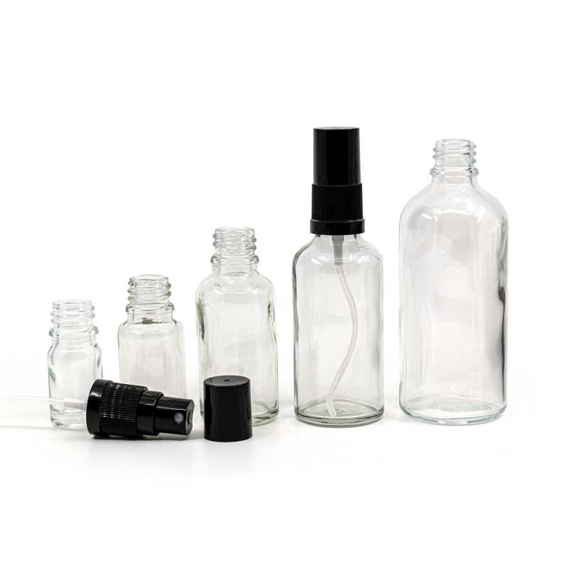 Clear Glass Bottle, Black Fine Mist Sprayer, Black Overcap, 100 ml