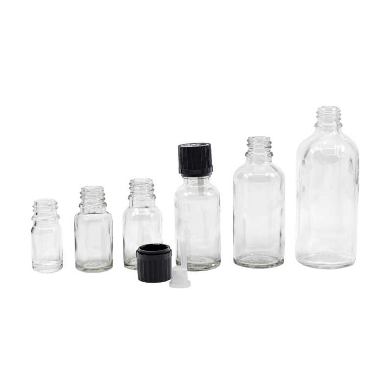 Clear Glass Bottle, Black Safety Cap & Dropper 5 ml