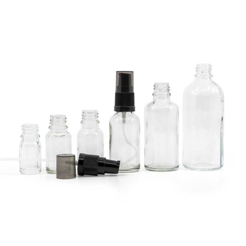 Clear Glass Bottle, Black Lotion Pump with Smokey Overcap, 10 ml