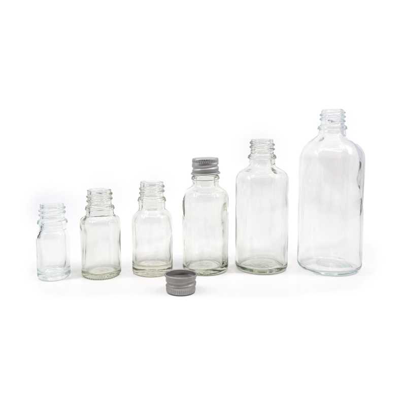 Clear Glass Bottle, Silver Aluminium Cap, 10 ml