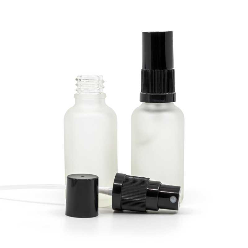 Clear Frosted Glass Bottle, Black Fine Mist Sprayer, Black Overcap, 30 ml