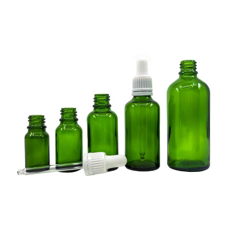 Green Glass Bottle, White Dropper, 10 ml