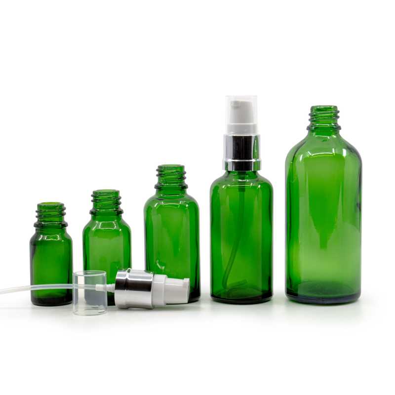 Green Glass Bottle, Glossy Silver White Pump, 30 ml