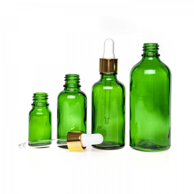 Green Glass Bottle, Gold White Dropper, 10 ml