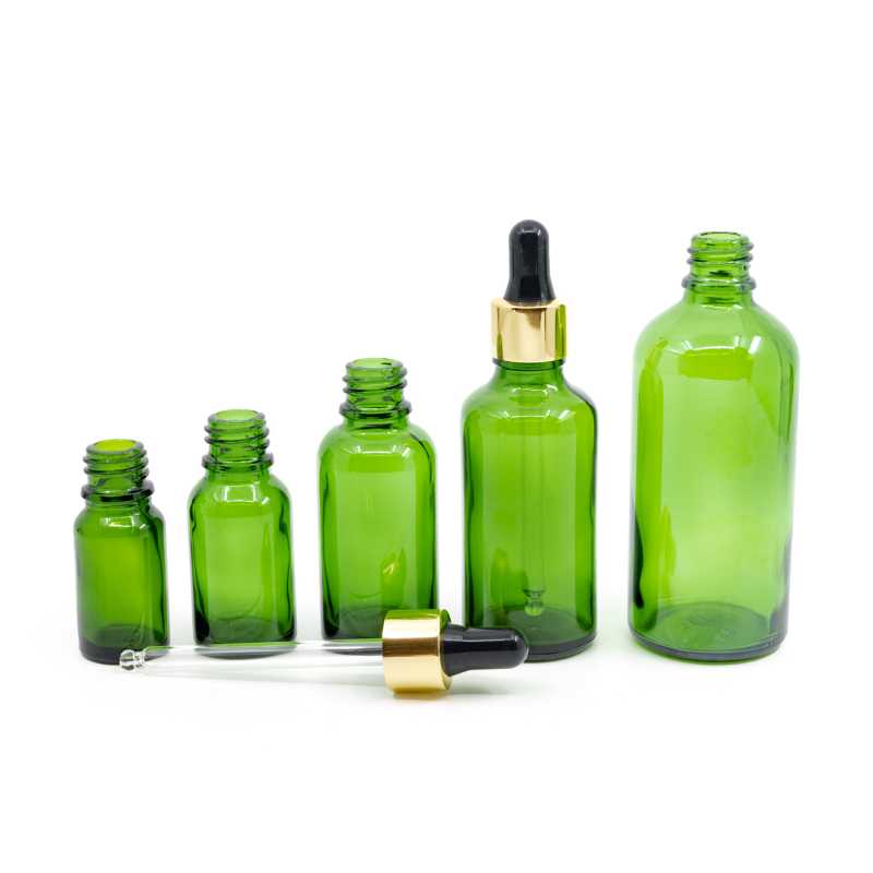 Green Glass Bottle, Gold Black Dropper, 10 ml