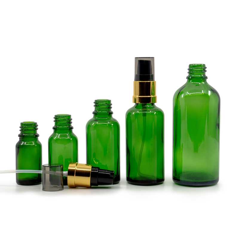 Green Glass Bottle, Glossy Golden Black Pump, 30 ml