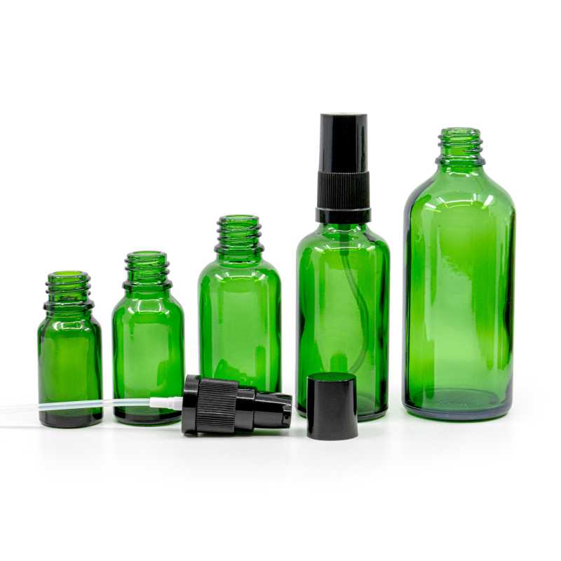 Green Glass Bottle, Black Lotion Pump with Black Overcap, 50 ml