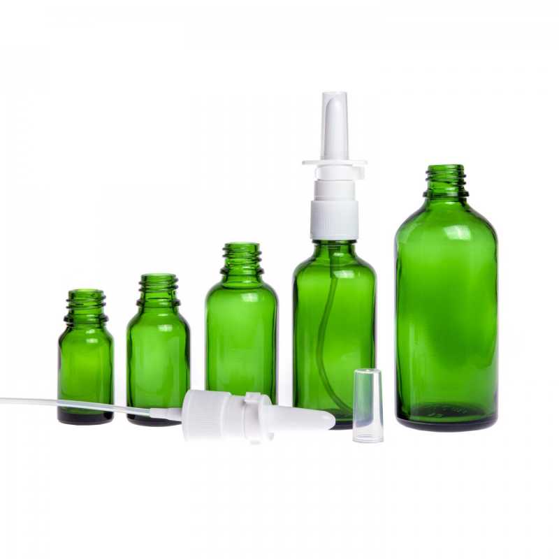 Green Glass Bottle, White Nasal Spray, 15 ml