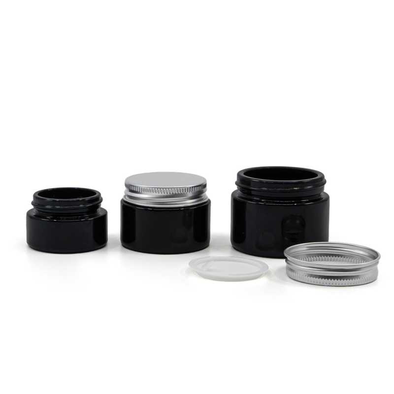 Glossy Black Cosmetic Glass Jar, Aluminium Cap, 30 ml