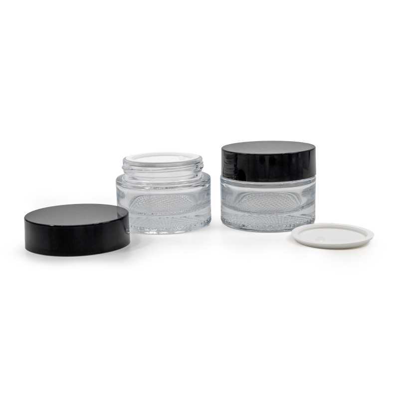 Clear Cosmetic Glass Jar, 25 ml, Black Lid