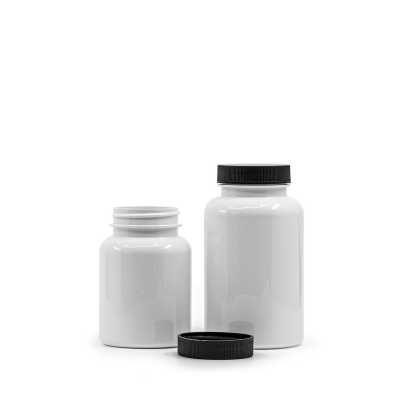 White Plastic Pill Jar with Black Lid, 150 ml